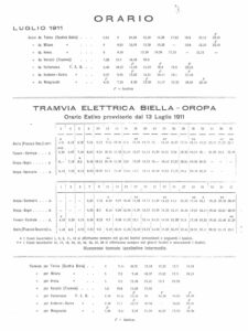 TBO Tramvia Biella-Oropa Orario provvisorio Luglio 1911
