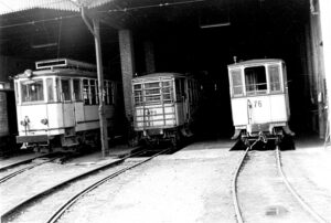 TBO Tramvia Biella-Oropa Materiale rotabile nella rimessa di Favaro Stazione nel pomeriggio di Domenica 30 Marzo 1958